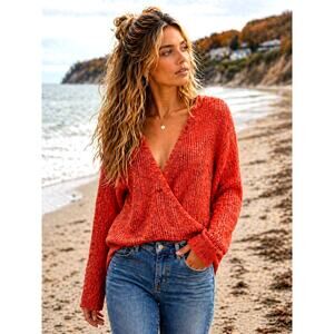 Billabong Sweet Bliss Loose Knit Wrap Sweater - red/orange - size L